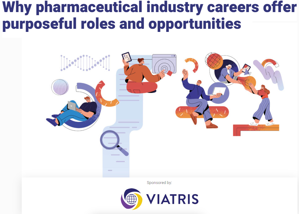 Banner for Viatris highlighting pharmaceutical industry careers with illustrations of professionals and scientific elements.
